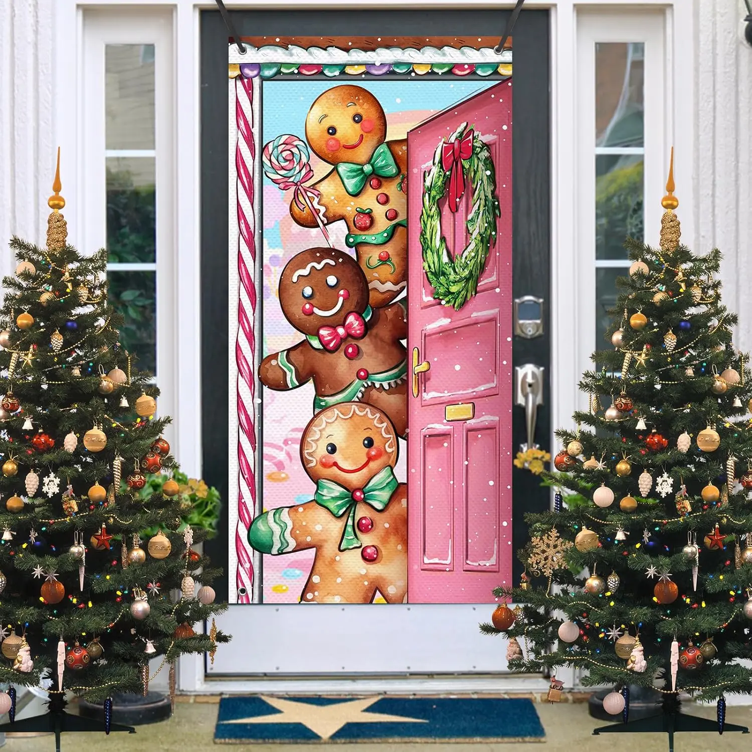 Deroro Christmas Gingerbread Man Door Cover Decorations, Pink Xmas Wreath Peppermint Candy Front Door Banner Background, Snowflake Winter Holiday Indoor Outdoor Home Decor 3 x 6 FT