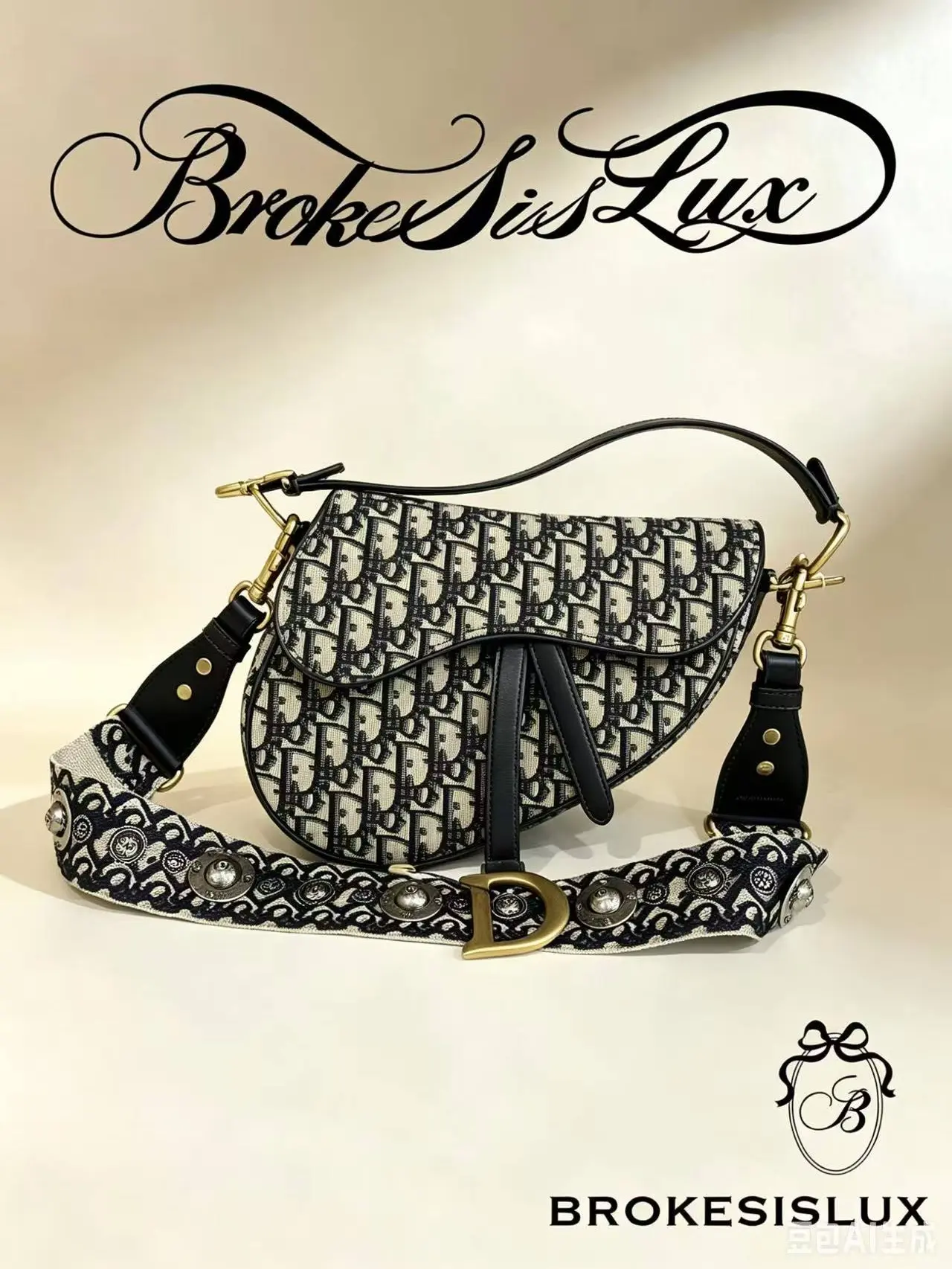 Pre-owned Dior Medium Oblique Jacquard Saddle Bag | Decorative Studded Wide Shoulder Strap, Gold D Logo Hardware