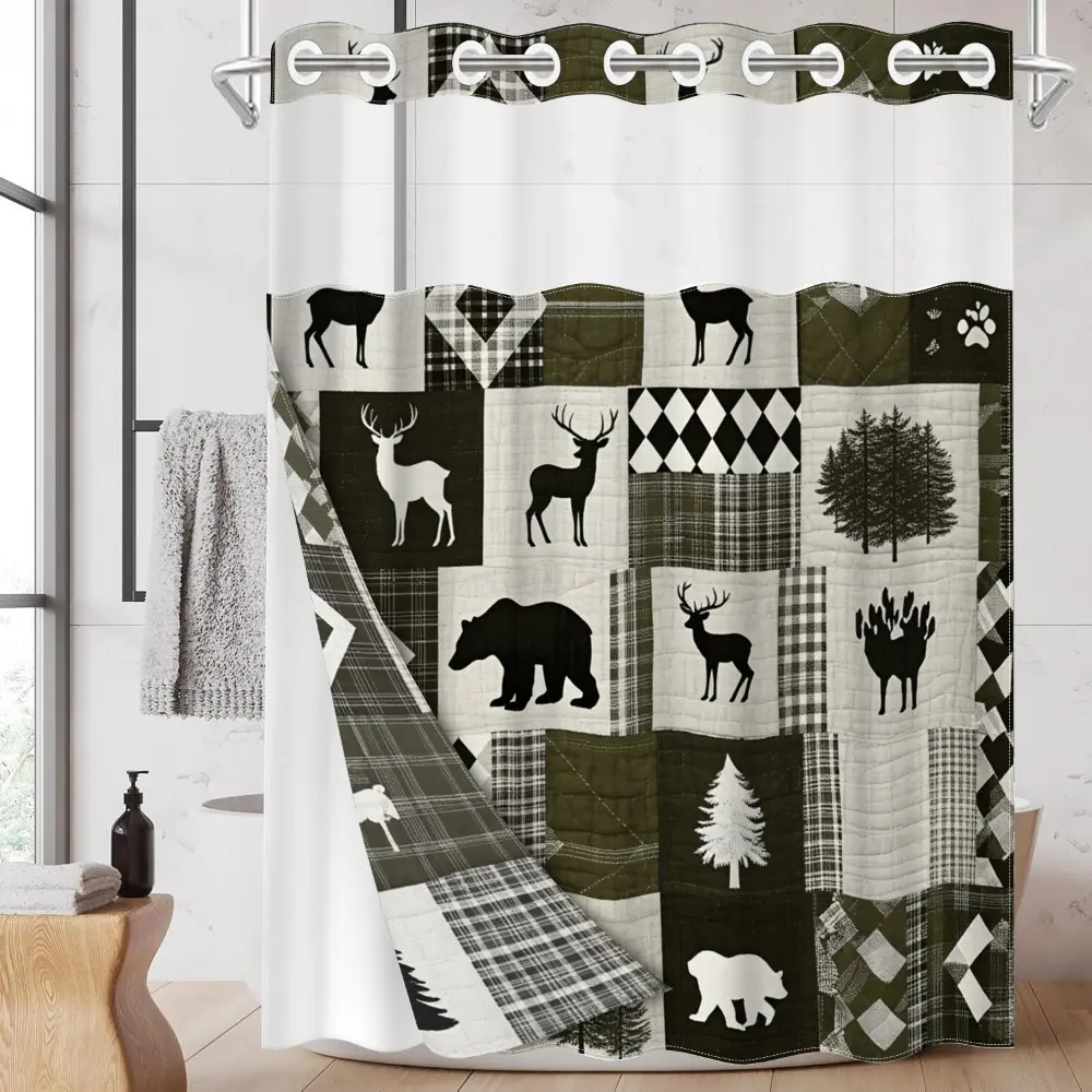 1pc hookless shower curtain, Decorative Printed Shower Curtain, Shower curtain liner, with buckle lining, brown and white checkered deer and tree design 2D printing, fabric waterproof lining, see-through double-layer shower curtain, 71 x 74 inches