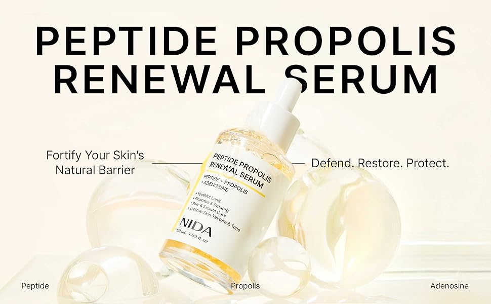 NIDA Peptide Propolis Renewal Serum | Peptide Complex, Propolis Extract, Adenosine | Youthful Look, Wrinkles, Fine Lines, Pore & Sebum Care | 1.69 fl.oz., 50ml (Updated)