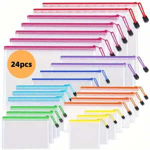24pcs Transparent Zippered File Folders in Mesh Bags, Available in 8 Sizes, Waterproof Travel and Office Storage Bags for Office Supplies, Documents, and Small Items, Offer Versatile Functionality for Multiple Scenarios, Files Organizer
