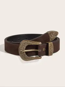 Women's Vintage Floral Embossed PU Buckle Belt, Fashionable Western Belt for Jeans & Dress, Casual Waistband for Daily Use, Boho Style Belt, Trendy Exquisite Belt