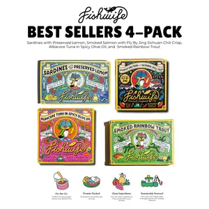 Fishwife Best Sellers 4-Pack -Sardines with Preserved Lemon, Smoked Salmon with Fly By Jing Sichuan Chili Crisp, Albacore Tuna in Spicy Olive Oil, and  Smoked Rainbow Trout