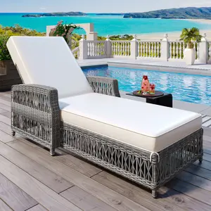 Outdoor Long Reclining Chaise, Wicker Lounge with Armrests, Patio Adjustable Recliner with Soft Removable Cushions, All Weather Rattan Pool Lounge for Poolside & Garden