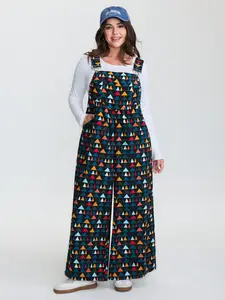 BLOOMCHIC Women's Plus Size Multicolor Geometric Color-Block Overall Jumpsuit - Polyester-Nylon-Spandex Garment, Smooth Fabric, Pockets, Adjustable Sleeves & Straps, Flattering Fit, M-6X Sizes, 2026 Summer Vibes