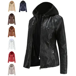 2025 European and American Style Hooded Leather Jacket Two-Piece Set Detachable Large Size Leather Coat for Women Spring and Autumn PU Washed Leather