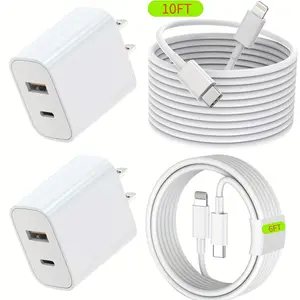 For IPhone Fast Charger, Dual Ports PD18W QC3.0 USB-A Quick Wall Charger 6/10ft Charging Extra Long Cable With Type C To Lightn ing, PD20W USB-C Fast Charging For IPhone 14/13/12/Mini/Pro/Pro Max/11/SE/X/XR/XS/XS Max, for IPad, for AirPods, for Iwatch