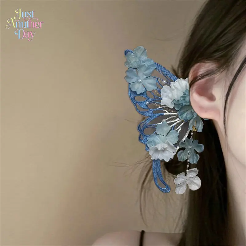 Large Whimsical Blue Fairy Butterfly Hair Clips - Lace Side Clips with Delicate Silk Flowers, Hanging Tassels - Sweet Princess-Style Hair Accessories for Hanfu, Cosplay (Ethereal Look Enhancement)