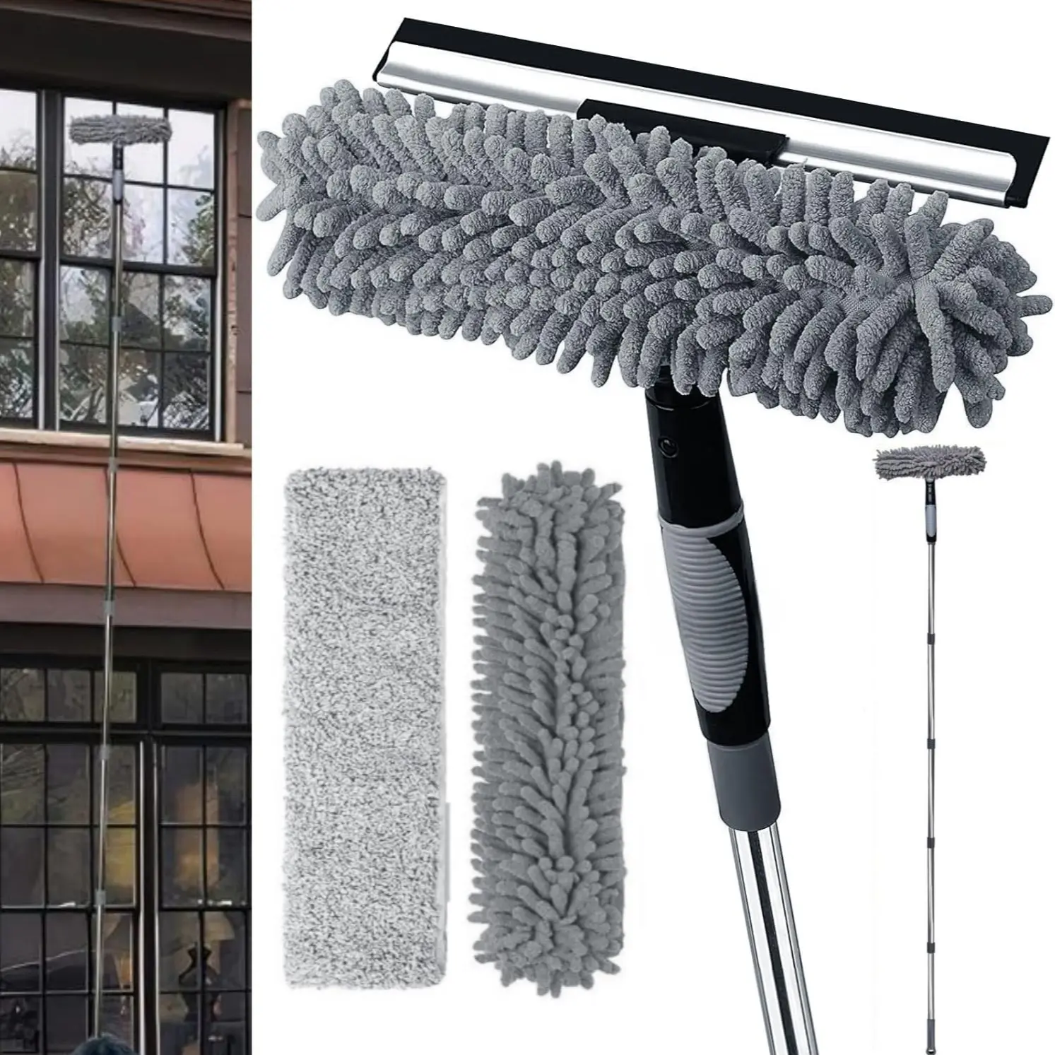 15ft Extendable Window Cleaner, 2-In-1 Squeegee & Brush Cleaning Set, Long Handle Telescopic Glass Cleaner with 10 Extension Poles, 2 Cloths Included