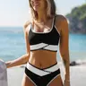 POPVIL Women's High-Waisted Split-Piece Color Block Bikini Set - 2-Piece Swimsuit with Zigzag Edge Trim, Flattering Contrast for Sports & Outdoor Use (Black & White), Split-Piece Bikini Sets