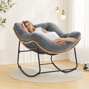 【Valentine's Day gift】ONBRILL Outdoor Rocking Chairs, Oversized Papasan Rocking Chair Indoors with Padded Cushions, Rattan Wicker Lounge Chair for Living Room, Porch, Patio, Garden, Grey