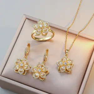 4PCS Bauhinia Flower Jewelry Set, Necklace Ring Earrings for Women Zircon Flower New Design Pendant Elegant Set Titanium Steel Necklace