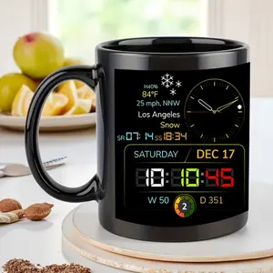 Smart Digital Clock, Coffee Mug, Weather And Time Display, Black Ceramic With Led Screen, For Home Office Or Kitchen Use, 11 Oz Single Piece