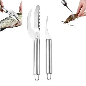 Fish Scale Knife Cut Scrape Dig 3-in-1Tool, Stainless Steel Peelers Scraping Boning Filleting Stainless Steel Shrimp Whisker Peeler Tool, 5 in 1 Multifunctional Shrimp Line Fish Maw Knife 2Pack Hanging Kitchen