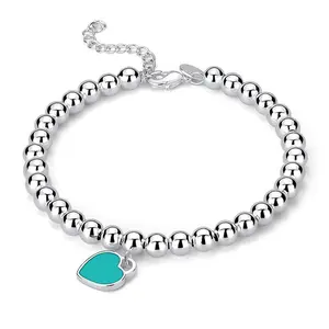 Authentic 925 Sterling Silver beads chain Heart pendant Bracelets for Women Street fashion designer Jewelry party wedding gifts