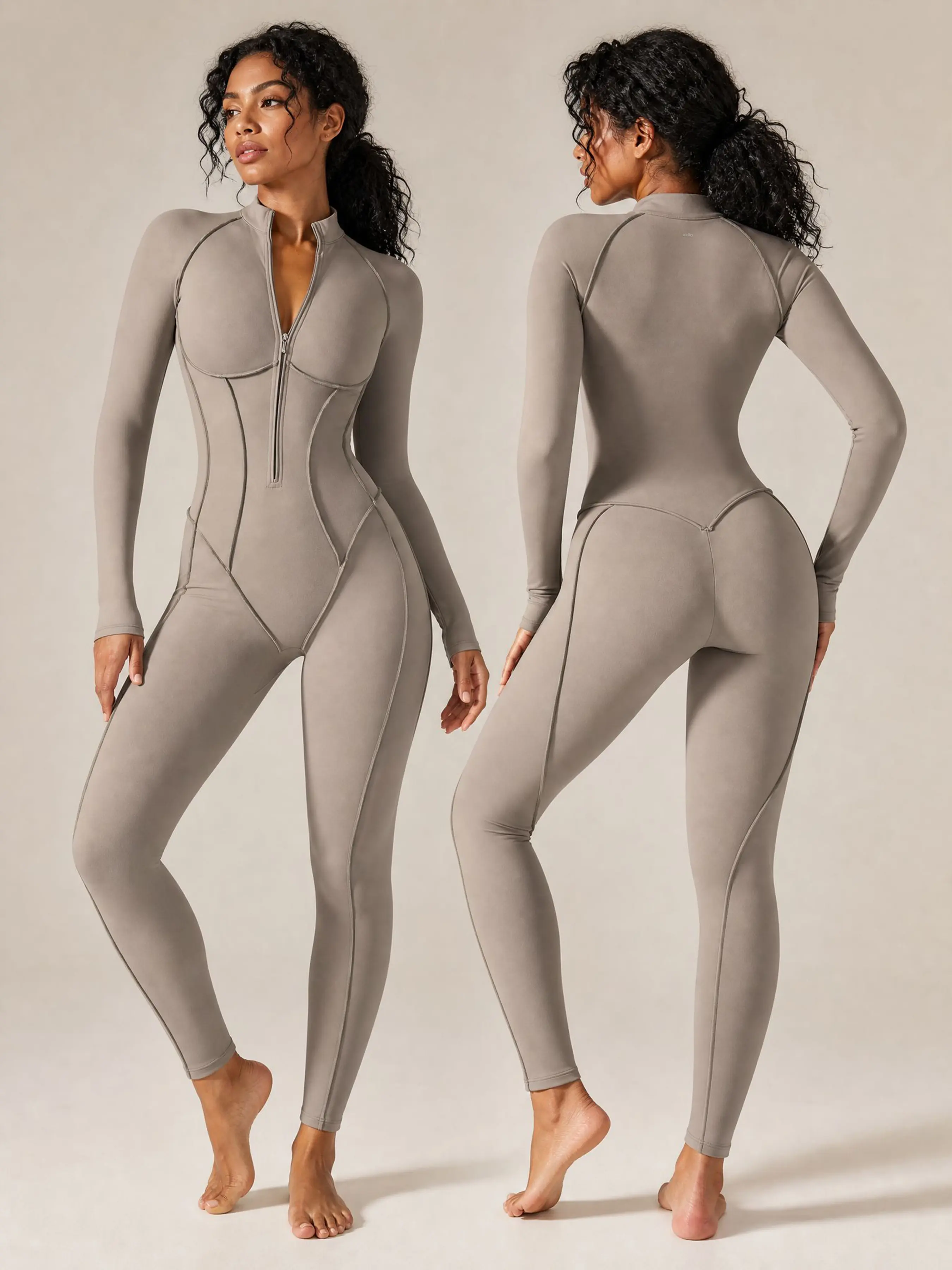 Women's Half-Zip Long Sleeve Yoga Bodysuit, Body Sculpt Compression Workout Jumpsuit with Butt-Lift Design and Premium Tear-Away Gift Box Packaging