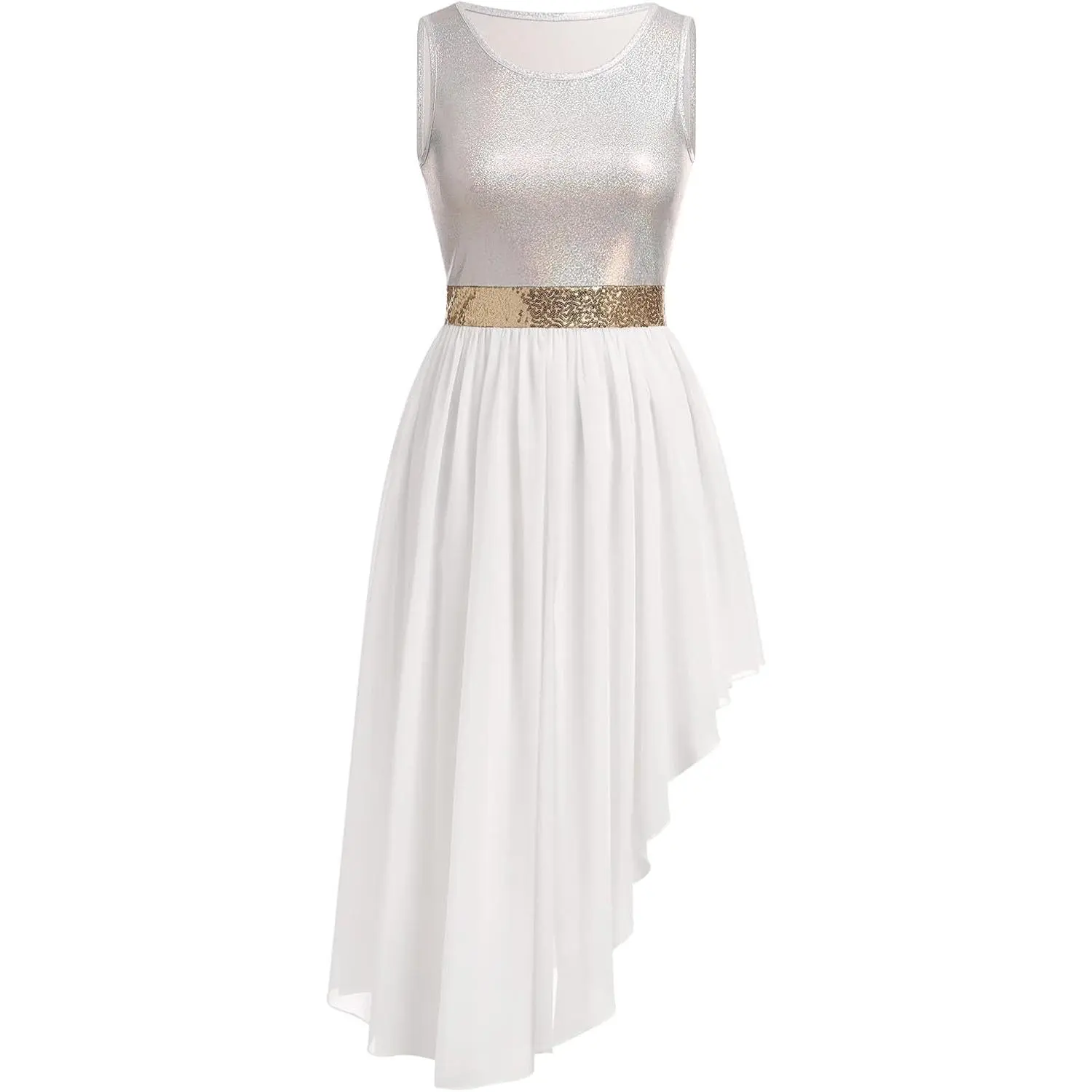 Women Metallic Sequin Praise Dance Dress Asymmetric Ruffle Overlay Dress Liturgical Lyrical Dancewear Worship Costume
