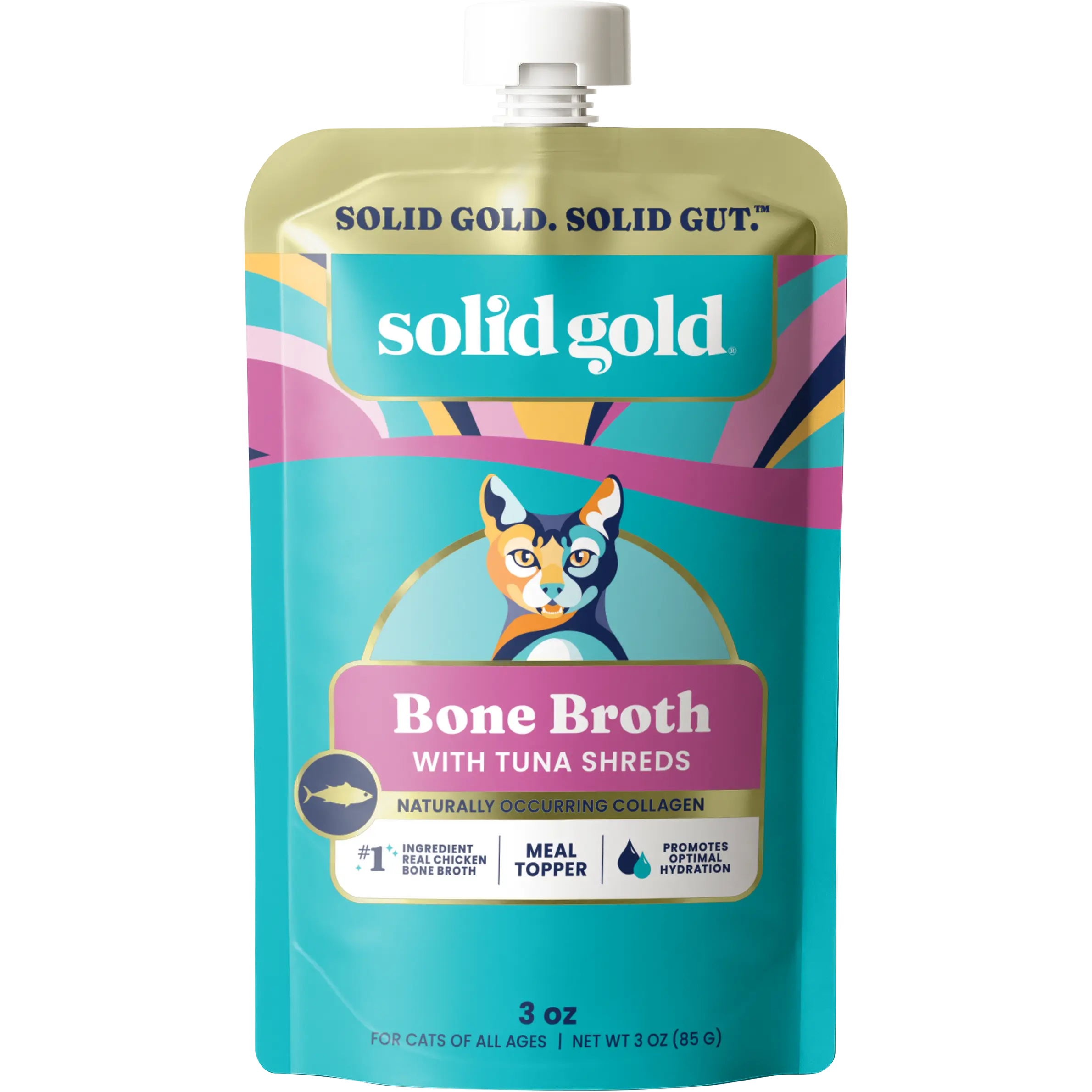 Solid Gold Bone Broth Tuna Meal Topper for Cats - Real Chicken Bone Broth, Premium Shreds, Collagen for Gut Health, Grain-Free Wet Cat Food Topper