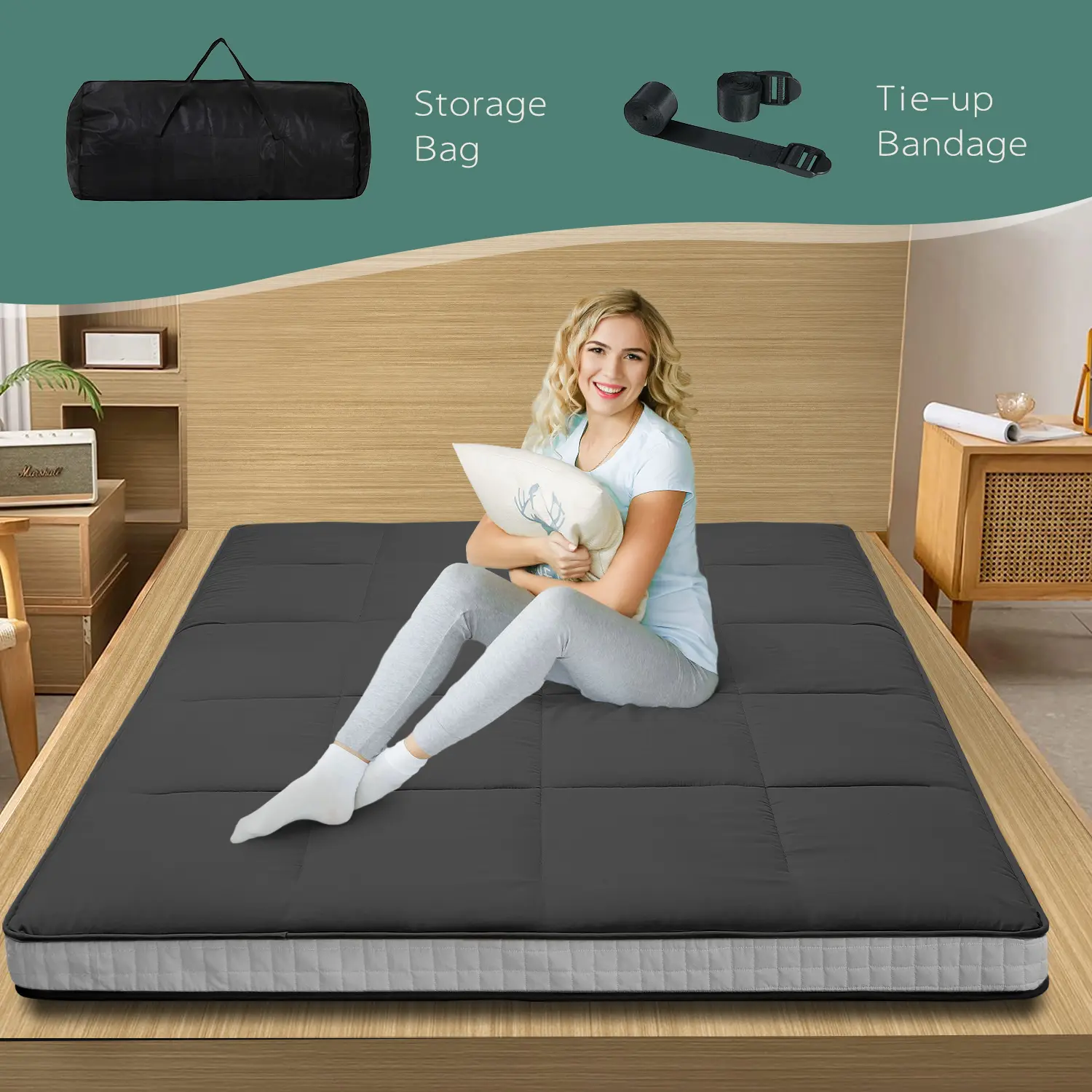 Lilypelle Japanese Floor Futon Mattress, Thickened Breathable Tatami Mat, Foldable Portable Roll Up Bed with Storage Bag, All-Season Camping Mattress, Twin Full Queen,dorm essentials,home decor