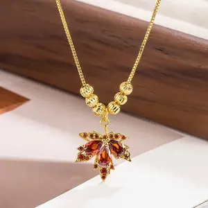 LisiZen Red Maple Leaf Necklace for Women, Chic Minimalist Pendant, Luxury Fashion Statement Collarbone Chain Jewelry DZXL3121 Sparkling Crystals