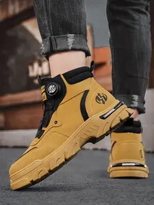 Men's Yellow-Black High-Top Rotating Buckle Tactical Work Boots, Cool Techwear Style, Rotating Buckle Lacing + Platform Design + Logo Decor, Easy On/Off, Tough Style , Ideal for Daily Commuting & Outdoor Wear Scenarios