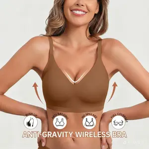 【BUY 1 Get 2 Free】Jelly Wireless Womens Comfortable Beige Wireless Bras Push Up Bralettes Seamless Tshirts Bras Deep V Everyday Bras