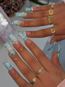Blue Floral French Tip Press On Nails, 3D Flower Pearl Nails, Baby Blue Acrylic Nails, Cute Elegant Handmade Nail Set