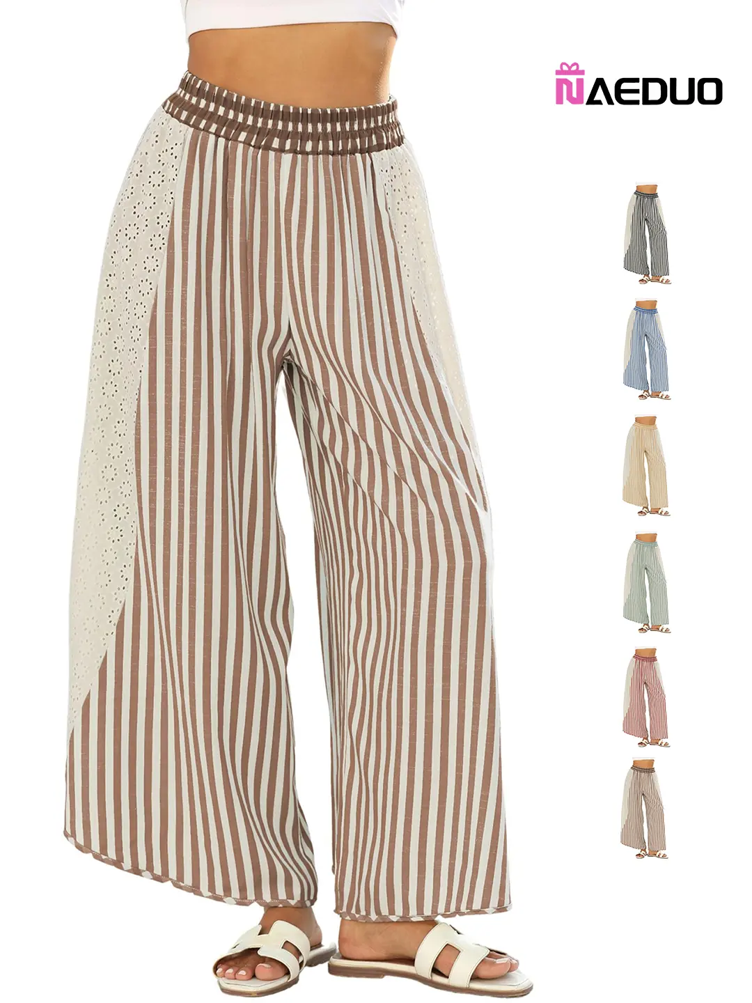 Naeduo Women's Boho Striped Bottoms, High Waisted Full Length Pants with Eyelets Patch, Flowy Wide Leg Rayon Blend for Summer Beach, Stripped Look, Trousers