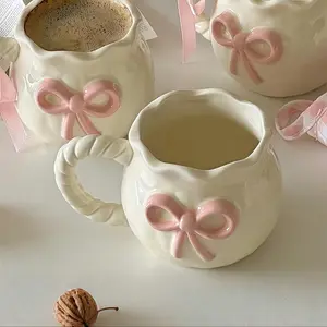 Bowknot Design Coffee Mug, 1 Count Irregular Shaped Ceramic Heart Coffee Cup for Home Office Use, Gift for Friend, Drinking Cup, Coffee Cups Gift