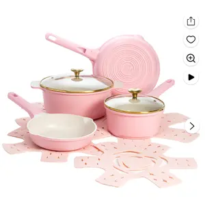 Paris Hilton Clean Ceramic Nonstick Cast Aluminum Cookware Set with Heart Shaped Lid Knobs, 10 Piece, Pink
