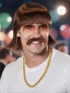 Halloween 4Pcs Set 70s 80s Disco Wig With Mustache Glasses Chain, Short Flip Out Wavy Brown Bob Hair With Fringe Men Mullet Wig For 60s Singer Rocker Hippies Cosplay Party Wigs, Costume Outfit With 1 Gold Necklace, 1 Brown Beard