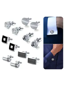 Set of 6 Men's Classic Striped Cufflinks, Round Square Knot Cz Rectangle Cylinder Designs, Elegant Accessories for Formal Wear, Cz Stones