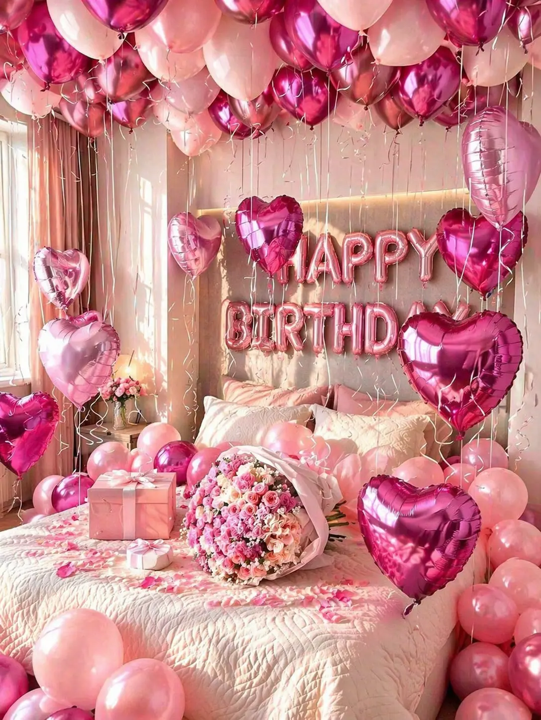 49PCS Pink Birthday Balloon Decoration Set, Happy Birthday Letter Balloons with Heart Foil & Metallic Pink Balloons for Party Backdrop, Room Decor & Photo Props