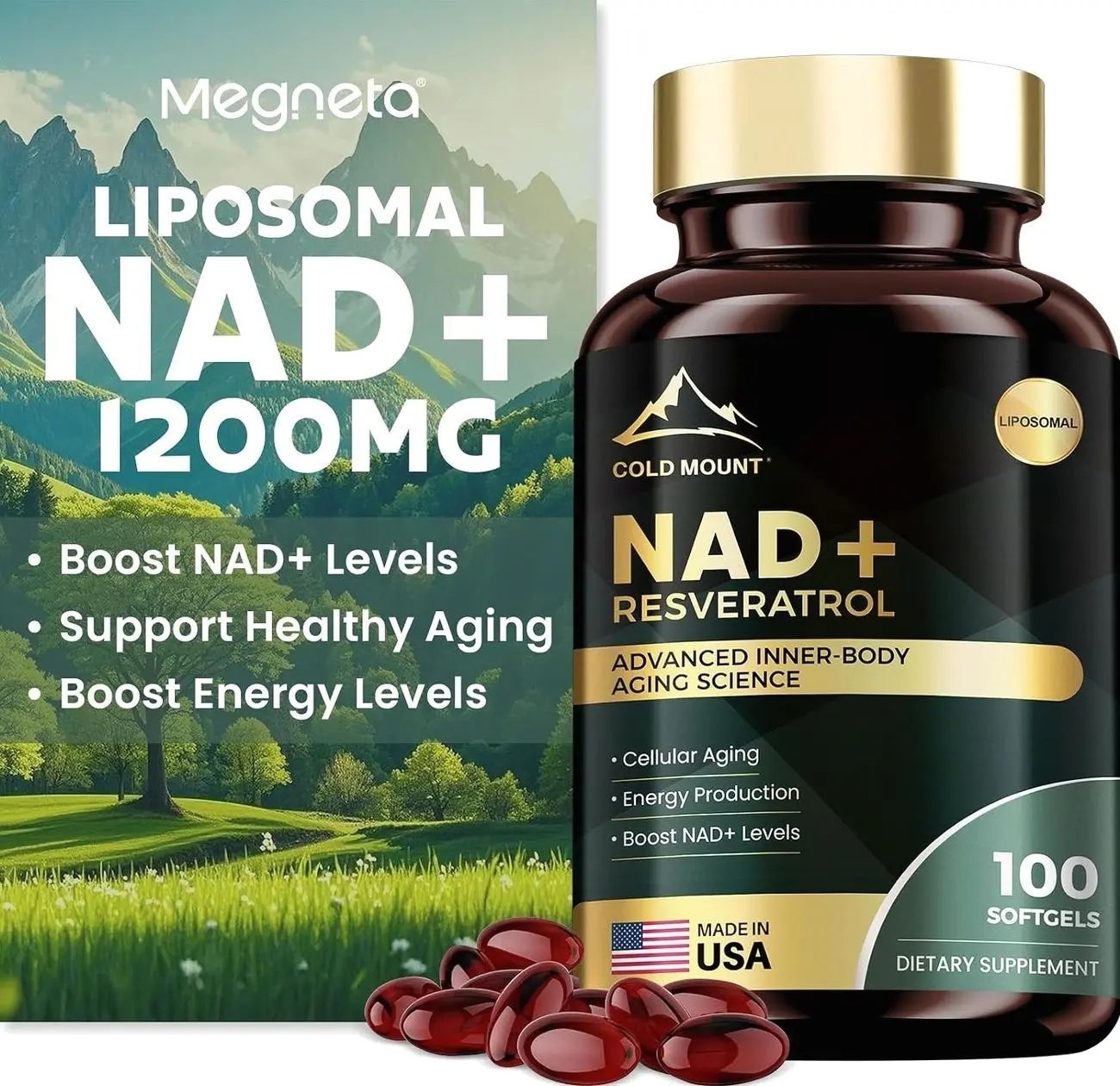 Liposomal NAD+ Supplement 1200mg with Trans Resveratrol - Boost NAD+ Levels, Energy & Anti-Aging Support - Vegan, 100 Softgels