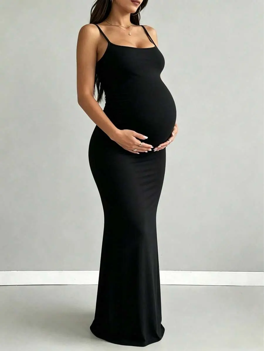LAFERLIN Maternity Solid Color Casual Minimalist Daily Wear Camisole Dress Black Summer
