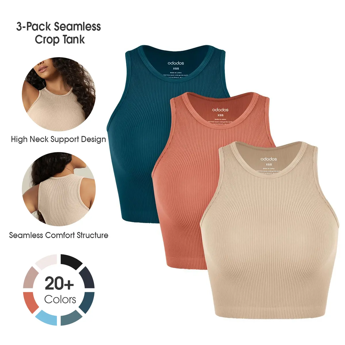 ODODOS 3-Pack Seamless Waist Length Tank for Women Ribbed Soft High Neck Tight-fitting Tops Fit Cute,No Bra,Waist Length,Slim-fit Basic Fashion tank tops