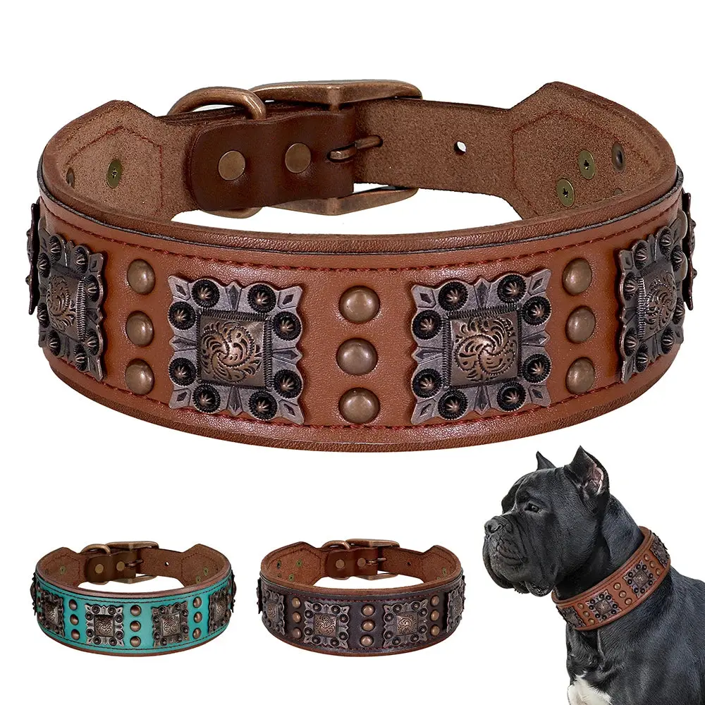Genuine Leather Spike Collars for Medium-Large Dogs - Adjustable Pitbull Bulldog Collar with Metal Buckle, D-Ring