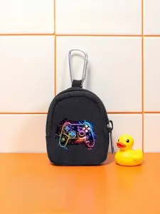 Abstract Neon Game Controller Zipper Wallet with Keychain, Oxford Fabric, Geometric Design, Suitable for Sports and Travel