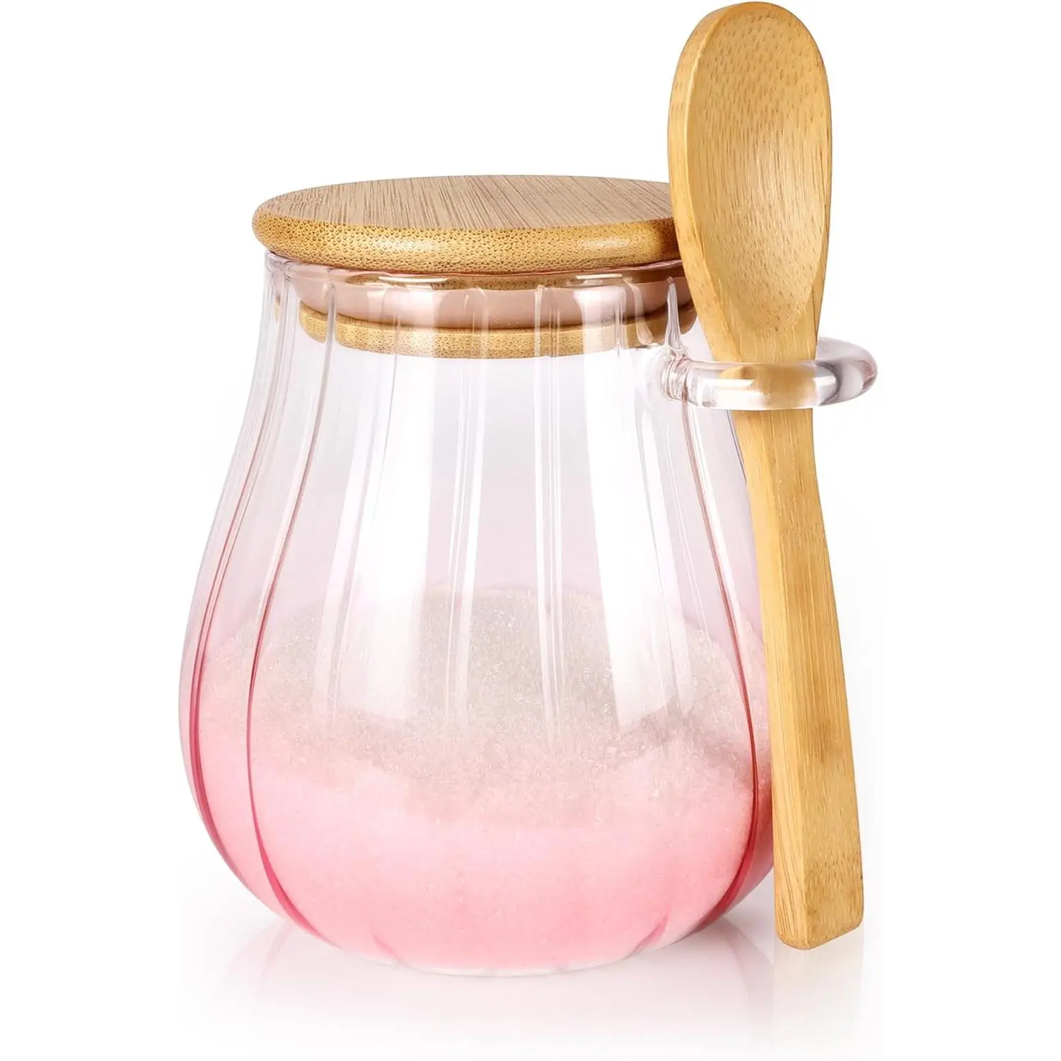 15 oz Pink Sugar Bowl with Bamboo Lid and Spoon, Glass Jar with Airtight Lid, Brown Sugar Keeper, Sugar Container for Coffee Bar and office, Kitchen Decor and Accessories