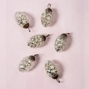 6 Pack | 1.5" Silver Willow Mercury Glass Pine Cone Ornaments Christmas Tree Decoration