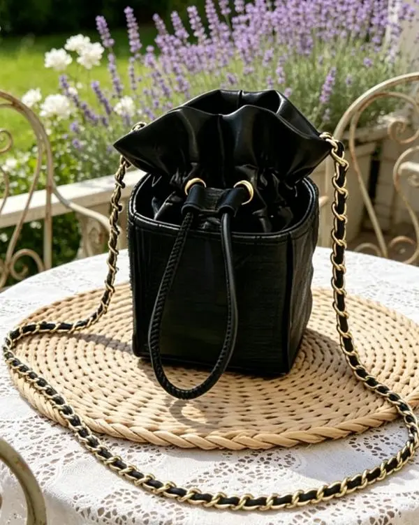 Quilted Black Chain Makeup Bag for Women, Mini Cosmetic Organizer Pouch, Y2K Aesthetic Beauty Storage Bag with Gold Strap, Perfect for Travel, Daily Use & Going Out
