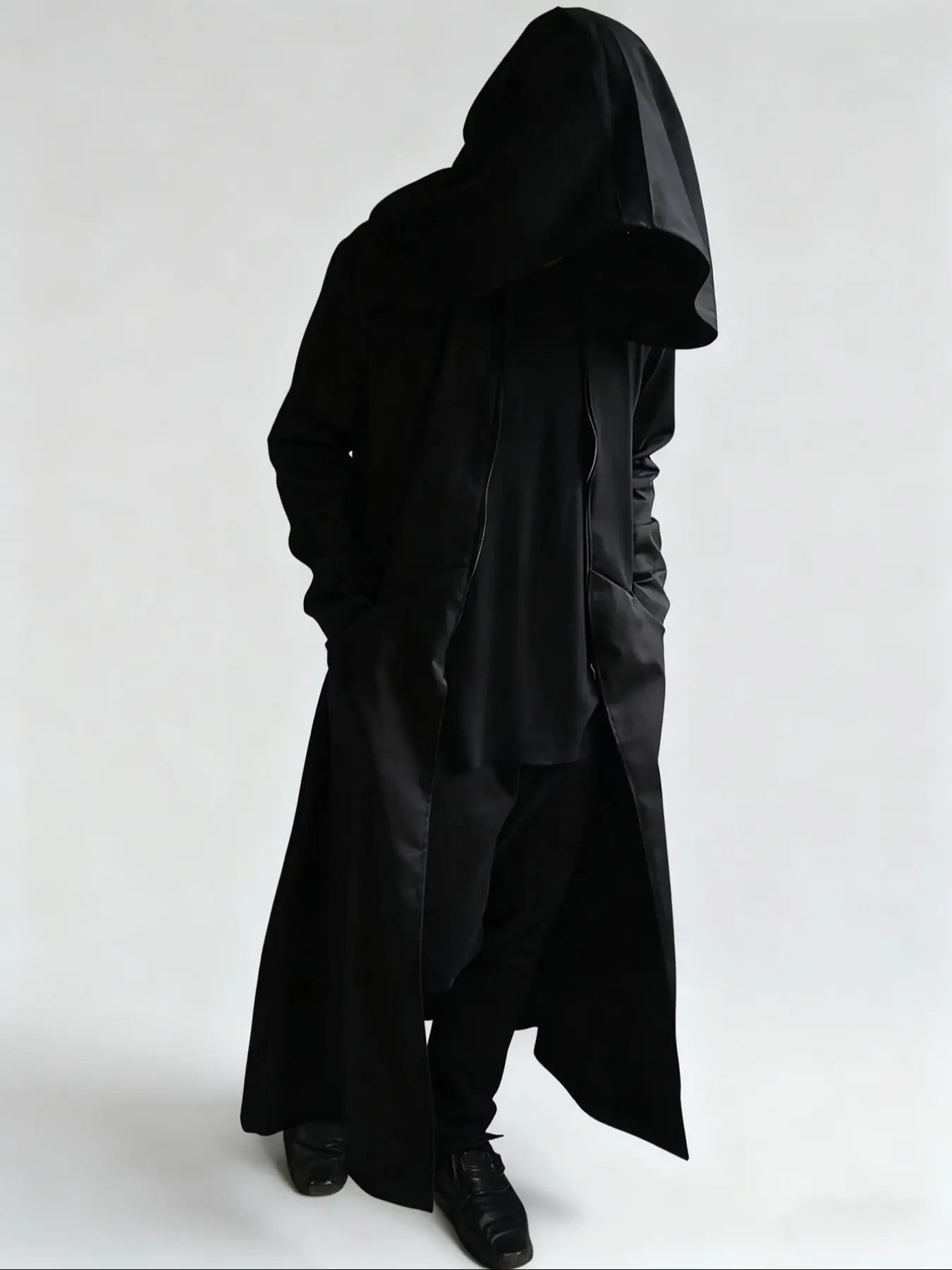 Men's Gothic Hooded Trench Coat – Black Oversized Robe for Cosplay, Halloween, Dark Aesthetic & Streetwear