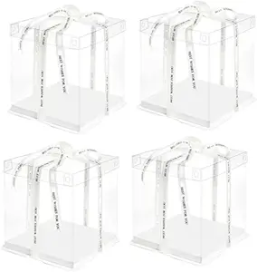 10 Inch Clear Transparent Tall Cake Box, 4 Pcs 10" X 10" X 9" Cake Box with Ribbon for 8" Cakes, Clear Gift Boxes with Lid for Wedding Party Gift Display, White 4 Set