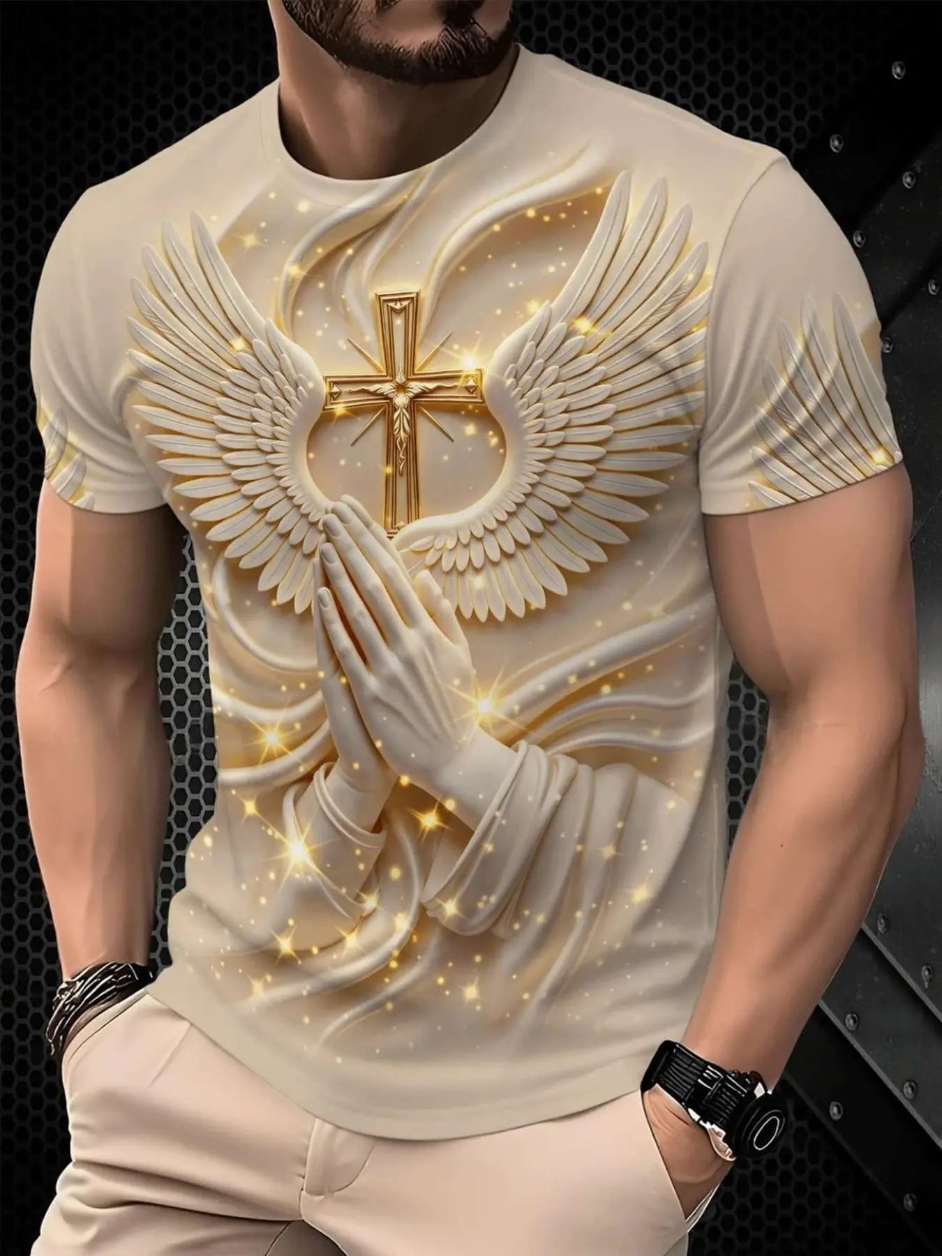 Men's Religious Prayer Angel Wings Cross 3D High Definition Graphic Print T-Shirt, Round Neck Short Sleeve Slim-Fit Summer Streetwear Tee