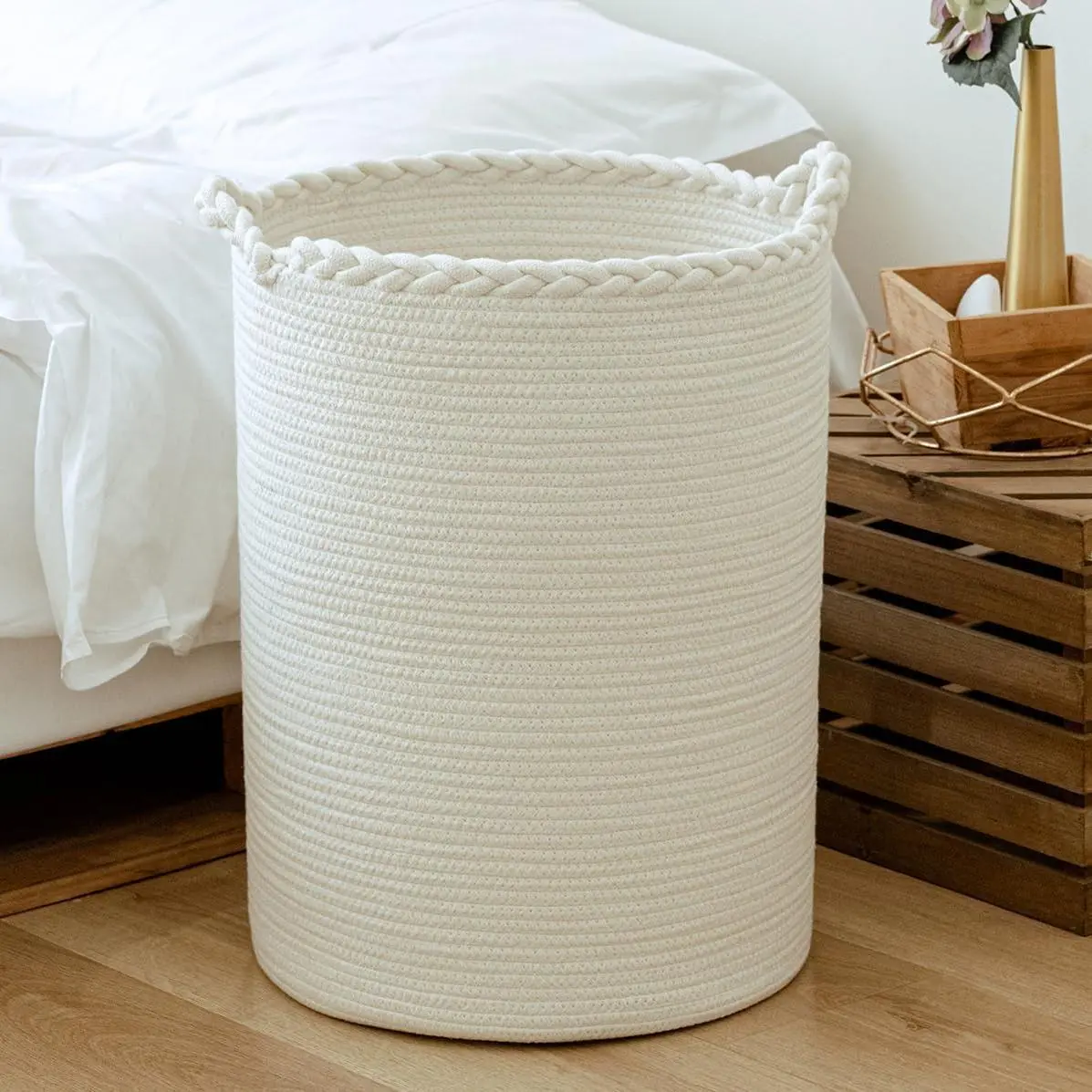 72L Woven Laundry Hamper,Cotton Tall Wicker Laundry Basket for Blankets,Clothes,Pillows,Toys,Shoes Large Laundry Bin White