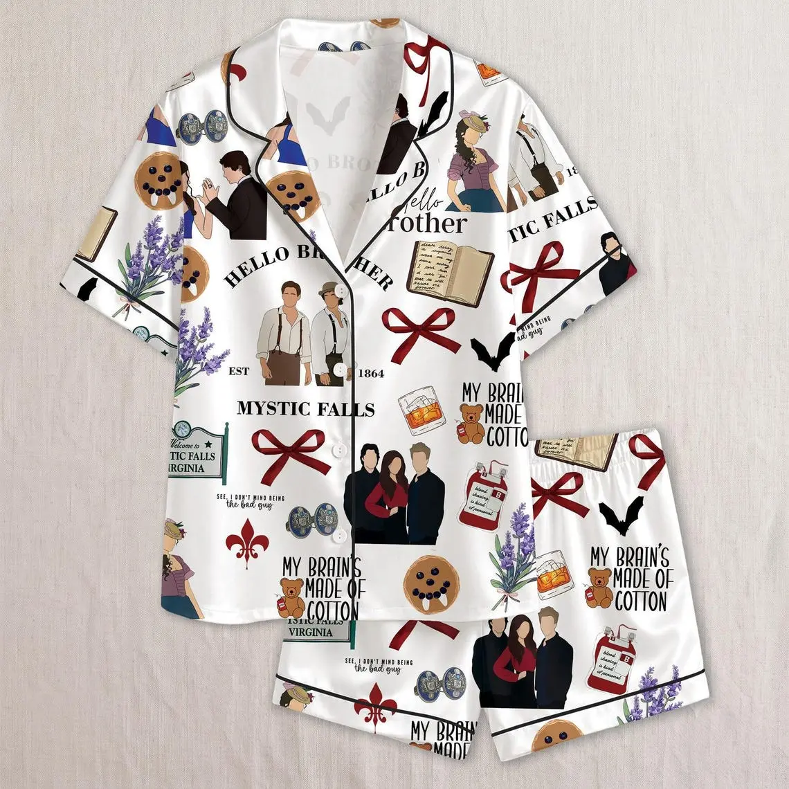 Brother Vampire Print Pajama Set for Women – Premium Satin Sleepwear, Soft Comfortable Button Up Lounge Set for Home and Relaxing