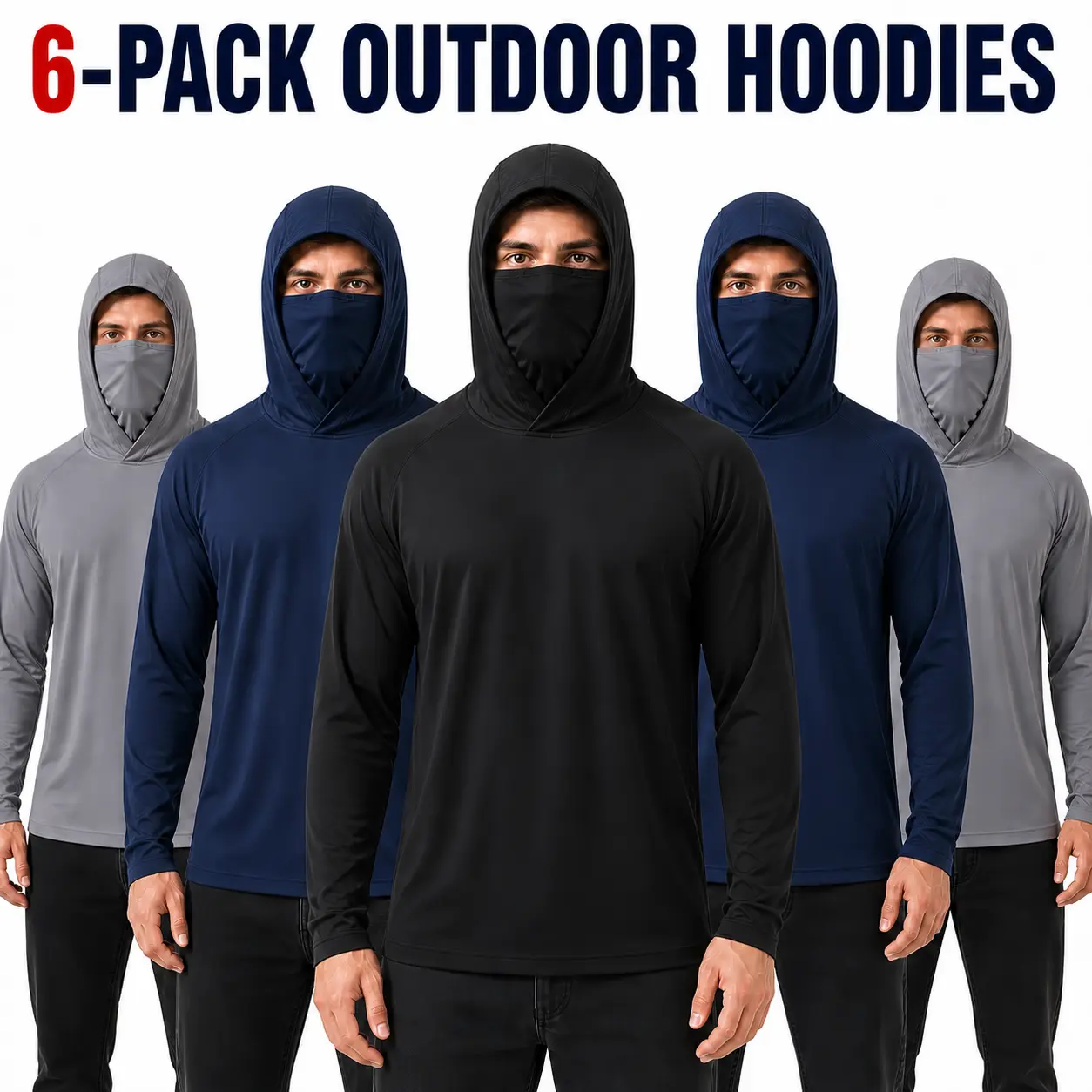 Men's 6-Pack Work Shirts with Hooded Face Cover, Lightweight Breathable Sun Protection Tops for Outdoor Jobs and Construction Crews