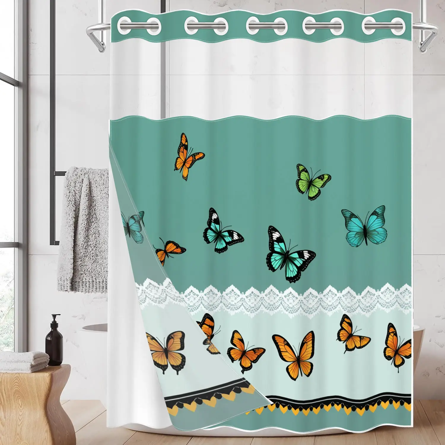 1pc hookless shower curtain, Aesthetic shower curtain, with buckle lining, spring butterfly lace design, 2D flat printing, fabric waterproof lining, 71 x 74 inches, Bathroom Accessory