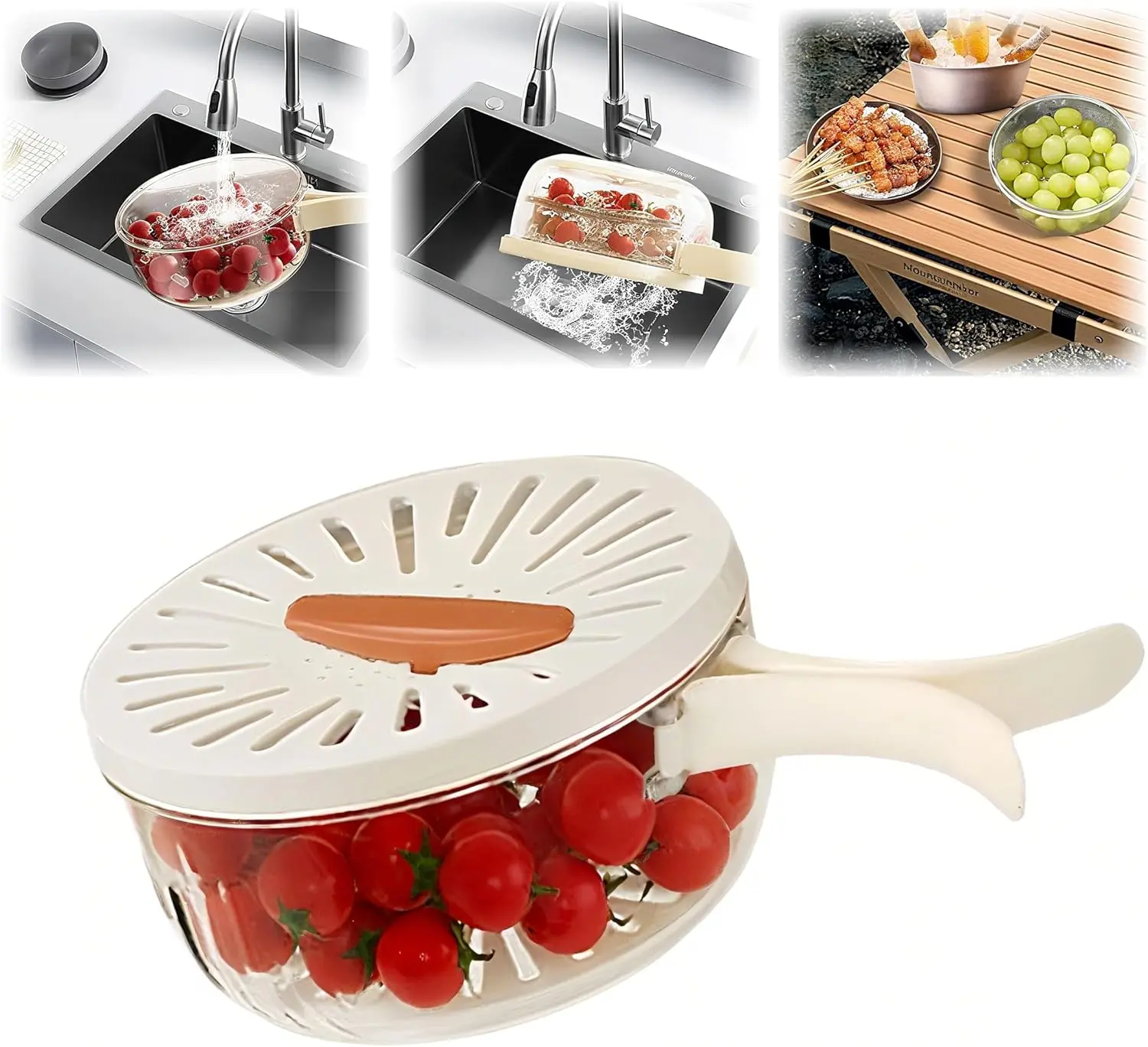 2 in 1 Fruit Vegetable Washing Bowl with Strainer, 1 QT Multipurpose Drain Basket with Lid & Foldable Handle, Fruit Strainer Container for Kitchen, Fridge, Picnics, Apartment, BPA-Free Material
