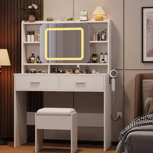Vanity Table Desk with Mirror and Lights, Dressing Table with Chair Set, Drawer Dresser with Charging Station, Women Makeup Vanity for Bedroom Living Room